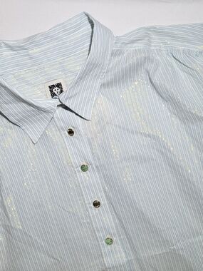Anne Klein Light Blue Striped Blouse with Gold Metallic Detail